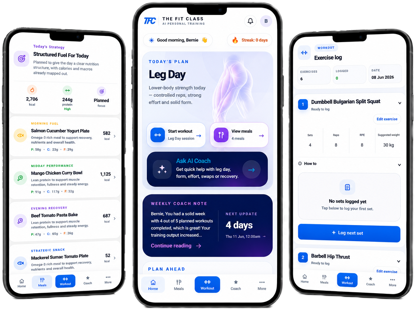 The Fit Class AI app showing meal plans, weekly coaching and workout tracking